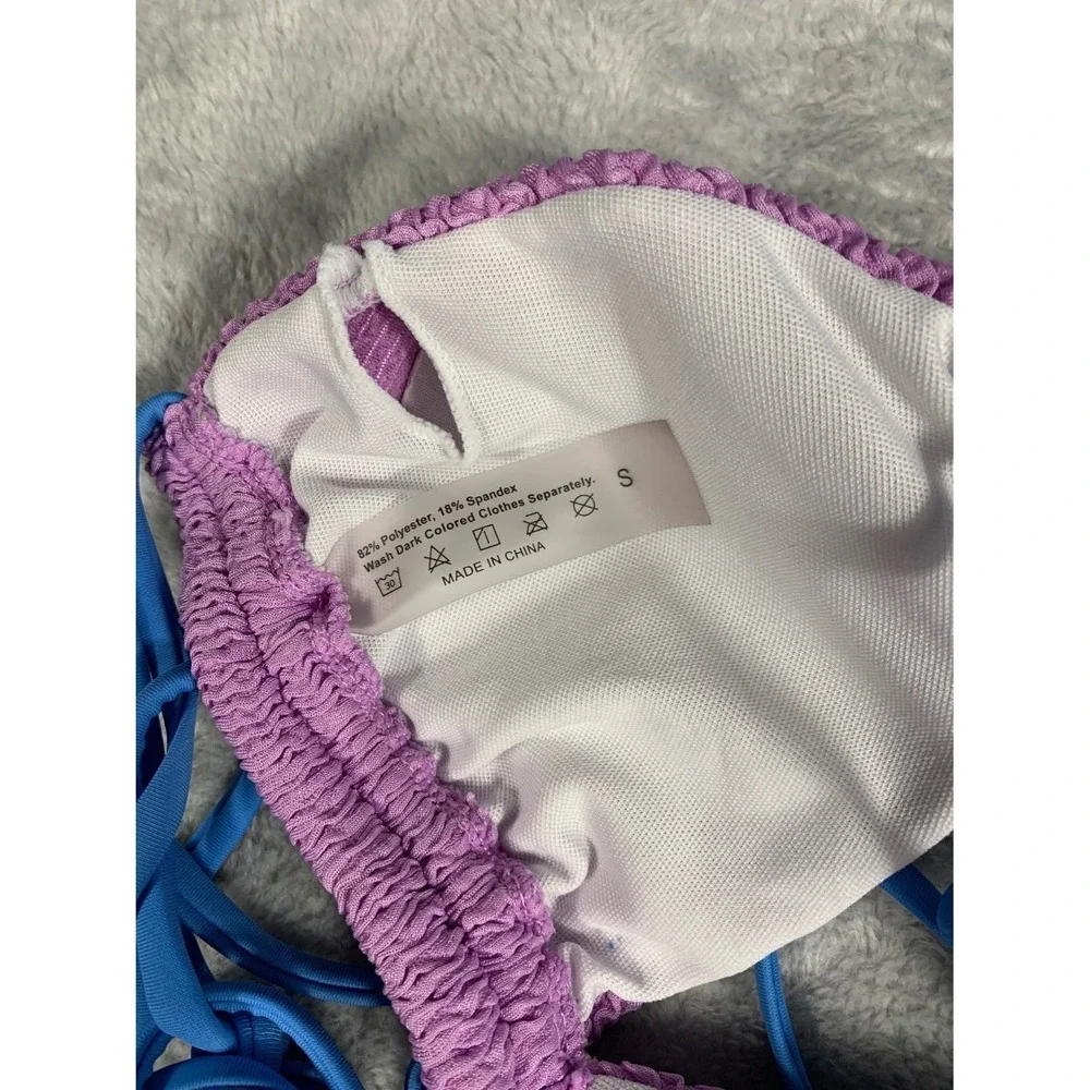 Textured Smocked Bikini Set Womens Size S Purple Blue Side Tie 2 Piece Swimsuit